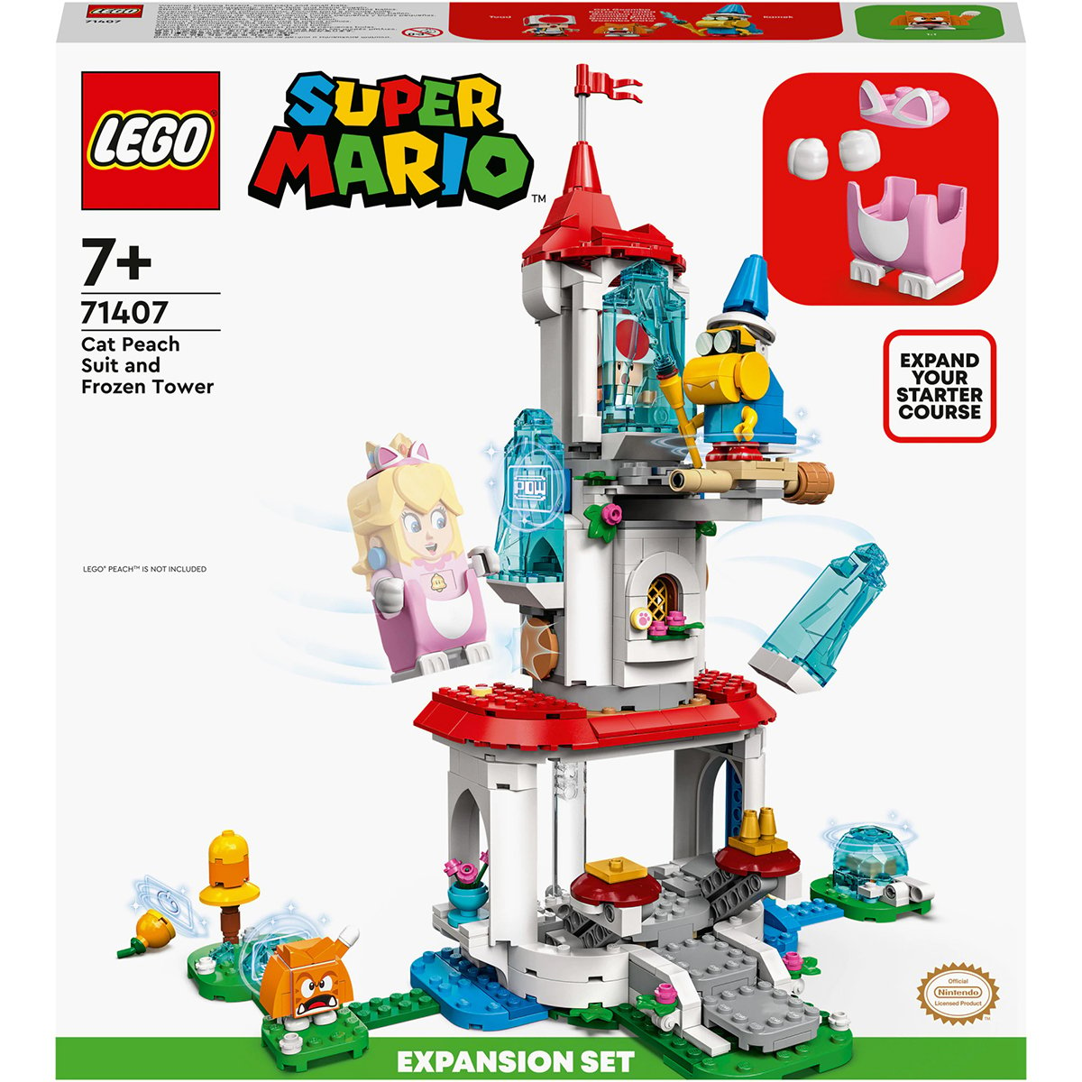 LEGO® Super Mario: Set de extindere – Turnul inghetat si costum de pisica Peach, 494 piese, 71407, Multicolor 494