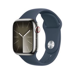 Smartwatch Apple Watch S9 Cellular, 45mm, Carcasa Otel Inoxidabil Argintie si Curea Sport Albastru Storm, S/M