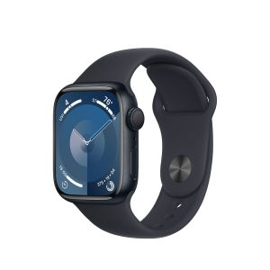 Smartwatch Apple Watch S9 GPS 41mm, Carcasa Aluminiu Neagra Midnight si Curea Sport Negru Midnight, M/L