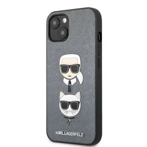 Husa de protectie telefon Karl Lagerfeld, Saffiano Karl and Choupette Heads Case pentru Apple iPhone 13 mini, Argintiu