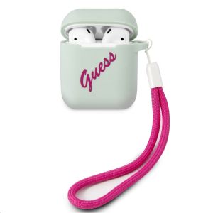 Husa casti Guess pentru AirPods 1/AirPods 2, Vintage with Strap, Silicon, Blue