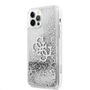Husa telefon Guess pentru iPhone 12/12 Pro, Big 4G Liquid Glitter Silver, Plastic, Transparent
