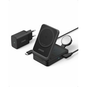 Incarcator wireless magnetic Anker MagGo 3-in-1, MagSafe compatibil, 15W, Qi2 Certificat, Pliabil, (incarcator si cablu USB-C inclus), Negru