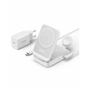 Incarcator wireless magnetic Anker MagGo 3-in-1, MagSafe compatibil, 15W, Qi2 Certificat, Pliabil, (incarcator si cablu USB-C inclus), Alb