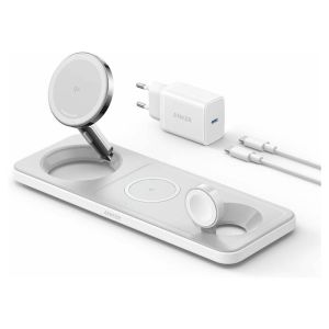 Incarcator wireless pliabil Anker MagGo 3in1 Stand, Qi2, pentru iPhone 15/14/13/12, AirPods, Apple Watch, cu incarcator si cablu USB-C inclus, Alb
