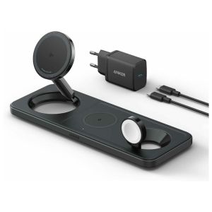 Incarcator wireless pliabil Anker MagGo 3in1 Stand, Qi2, pentru iPhone 15/14/13/12, AirPods, Apple Watch, cu incarcator si cablu USB-C inclus, Negru
