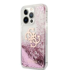 Husa telefon Guess pentru iPhone 13 Pro, Big 4G Liquid Glitter Pink, Plastic, Transparent