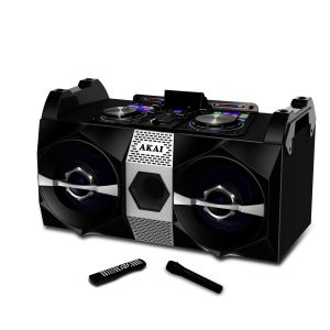 Sistem Audio Portabil Akai, Dual Speaker System DJ-S1HB, 120 W, Bluetooth, 2 x microfon fara fir, telecomanda, USB, Negru