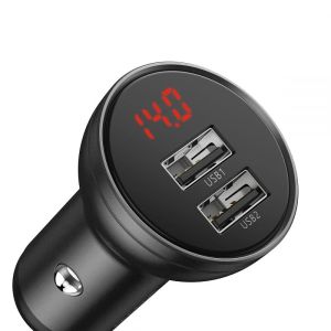 Incarcator auto Baseus Display, 2x USB, 4.8A, 24W, Gri