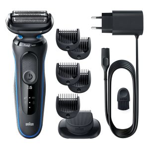 Aparat de ras electric Braun Series 5 51-B1500s Wet&Dry, AutoSense, Easy Clean, Easy Click, 3 elemente de taiere, accesorii pentru barba, Albastru/Negru