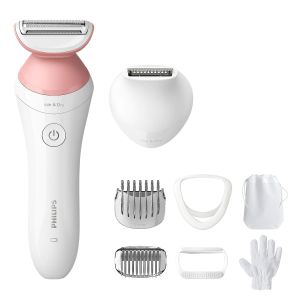 Aparat de ras fara fir, umed si uscat Philips Lady Shaver Seria 6000 BRL146/00, Wet&Dry, 10 ore incarcare, 40 min utilizare, Husa, manusa exfoliere, Alb/Roz