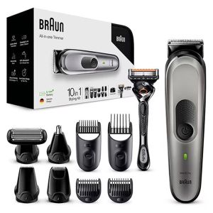 Aparat de tuns Braun MGK7920 pentru barba si parul corporal, AutoSense 10 in 1, Wet&Dry, Negru/Gri metalic