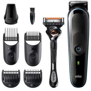 Aparat de tuns multifunctional Braun MGK3345 Wet&Dry, 13 de setari pentru lungime, 7 in 1, 4 piepteni, 1 accesoriu extra, Aparat de ras Gillette, Negru/Albastru