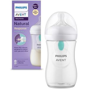 Biberon Philips Avent Natural Response SCY673/01, cu dispozitiv anticolici AirFree, 260 ml, tetina care functioneaza ca sanul mamei, cu debit 3, tetina fara scurgeri, +1 luni, fara BPA, usor de curatat, Transparent