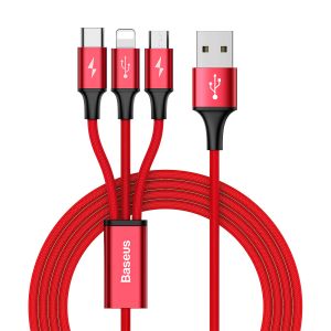 Cablu de date Baseus, Rapid Series, 3in1, Micro-USB+Lightning+Type-C, 3A, 1.2m, CAMLT-SU09, Rosu