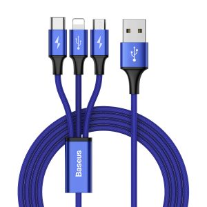 Cablu de date Baseus Rapid Series, 3in1, Micro-USB, Lightning, Type-C, 3A, 1.2m, CAMLT-SU13, Albastru