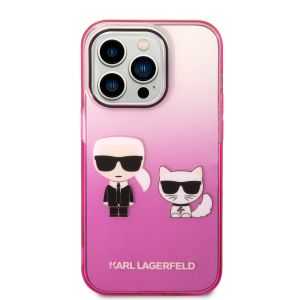 Husa telefon Karl Lagerfeld pentru iPhone 14 Pro, Gradient Karl and Choupette, Plastic, Roz