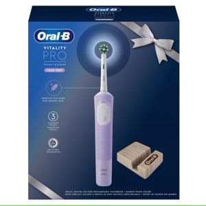 Set Cadou: Periuta de dinti electrica Oral-B Vitality Pro, Curatare 2D, 3 programe, 1 Incarcator, 1 capat, Violet + Suport de telefon din bambus