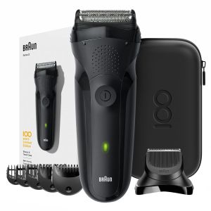 Aparat de ras electric Braun Series 3 MBS3 Max Braun 100 years Design Edition, Wet&Dry, 3 lame flexibile, +cap Trimmer, 5 piepteni, Trusa de voiaj Design Edition, Negru