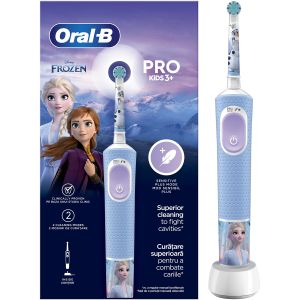 Periuta de dinti electrica Oral-B Pro Kids Frozen pentru copii, Curatare 2D, 2 programe, 1 capat, 4 autocolante, pentru 3+ ani, Albastru