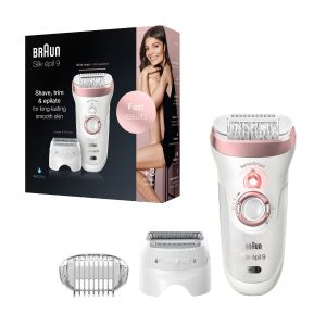 Epilator Braun Silk-Ă©pil 9 9/720 SensoSmartâ„˘, Micro-Grip, Wet & Dry, 40 pensete, 2 viteze, cap de ras, Saculet pentru voiaj, Alb/Roz