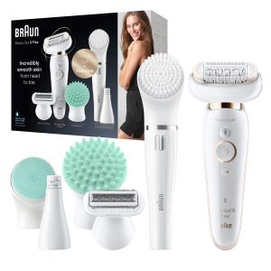 Set de infrumusetare Braun Silk-Epil 9 Flex 9300, Epilator cu cap flexibil, Epilator facial, Wet&Dry, Alb/Auriu