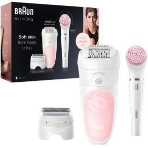 Epilator Braun Silk-epil 5 5-895 BS Beauty Set, SensoSmart, Wet & Dry, 28 pensete, 2 viteze, Roz/Alb