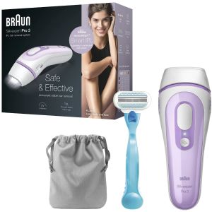 Epilator IPL Braun Silk-Expert PRO 3 PL3011, 300.000 impulsuri, 3 niveluri de intensitate, aparat de ras Venus, Saculet de calatorie, Alb/Lila