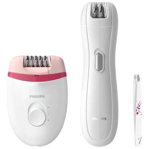 Set Epilator Philips Satinelle Essential BRP506/00, 2 viteze, mini epilator si penseta incluse, Alb