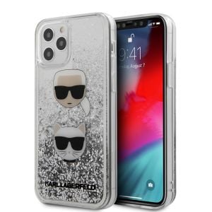 Husa de protectie telefon Karl Lagerfeld pentru iPhone 12 Pro Max, Liquid Glitter 2 Heads, PC si TPU, KLHCP12LKCGLSL, Silver