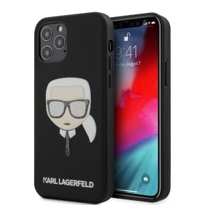 Husa de protectie telefon Karl Lagerfeld pentru iPhone 12/12 Pro, Glitter Head, PC si TPU, KLHCP12MGLBK, Black