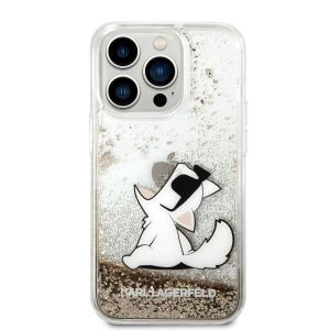 Husa telefon Karl Lagerfeld pentru iPhone 14 Pro, Liquid Glitter Choupette Eat, Plastic, Auriu