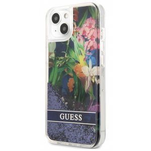 Husa telefon Guess, Liquid Glitter Flower Case pentru Apple iPhone 13 mini, Albastru