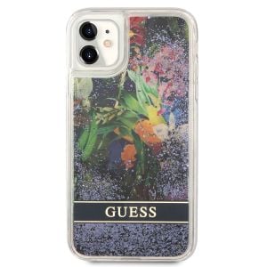 Husa telefon Guess, Liquid Glitter Flower Case pentru Apple iPhone 11, Blue
