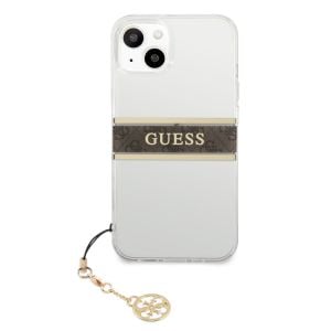 Husa telefon Guess pentru iPhone 13, 4G Brown Stripe&Metal Charm, Plastic, Transparent