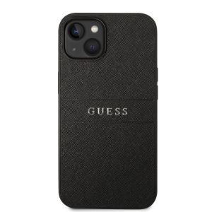 Husa telefon Guess pentru iPhone 14, cu logo metalic hot stamp dungi, Piele ecologica, Negru