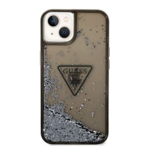 Husa de protectie telefon Guess pentru iPhone 14, Liquid Glitter and Triangle Logo, Plastic, Negru