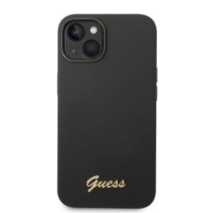 Husa de protectie telefon Guess pentru iPhone 14 Plus, Camera Outline and Script Metal Logo, Silicon Lichid, Negru