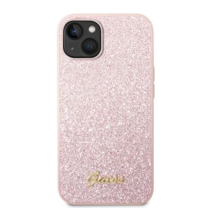 Husa telefon Guess pentru iPhone 14 Plus, Glitter Flakes Metal Logo, Plastic, Roz
