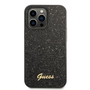 Husa telefon Guess pentru iPhone 14 PRO, Glitter Flakes Metal Logo, Plastic, Negru