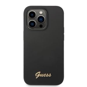 Husa de protectie telefon Guess pentru iPhone 14 Pro Max, Camera Outline and Script Metal Logo, Silicon Lichid, Negru