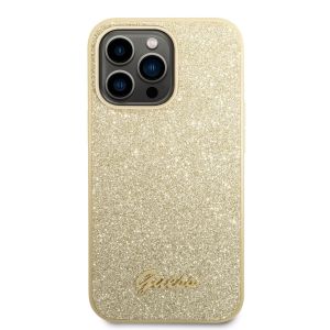 Husa telefon Guess pentru iPhone 14 Pro Max, Glitter Flakes Metal Logo, Plastic, Auriu