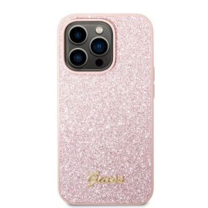 Husa telefon Guess pentru iPhone 14 Pro Max, Glitter Flakes Metal Logo, Plastic, Roz