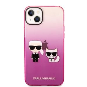 Husa de protectie telefon Karl Lagerfeld pentru iPhone 14 Plus, Gradient Karl and Choupette, Plastic, Roz