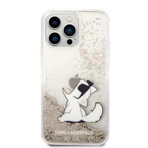 Husa telefon Karl Lagerfeld pentru iPhone 14 Pro Max, Liquid Glitter Choupette Eat, Plastic, Auriu