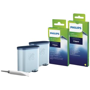 Kit intretinere pentru espressor Philips CA6707/10, 2 filtre AquaClean si tub lubrifiere, 6 plicuri curatare lapte, 6 tablete indepartare ulei