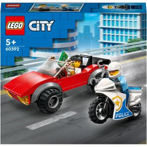 LEGO® City: Politist pe motocicleta in urmarirea unei masini 60392, 59 piese, Multicolor