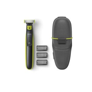 Aparat hibrid de barbierit si tuns barba Philips OneBlade, 3 accesorii, Toc pentru transport, Negru/Verde