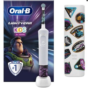 Periuta de dinti electrica Oral-B D100 Vitality Disney Buzz Lightyear pentru copii 7600 oscilatii/min, Curatare 2D, 2 programe, travel case, Alb