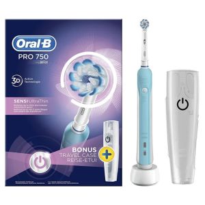 Periuta de dinti electrica Oral-B Pro 750 Sensi Ultrathin, Travelcase, Alb/Bleu